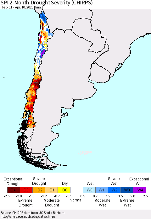 Chile SPI 2-Month Drought Severity (CHIRPS) Thematic Map For 2/11/2020 - 4/10/2020
