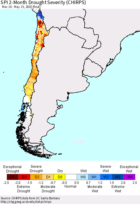 Chile SPI 2-Month Drought Severity (CHIRPS) Thematic Map For 3/16/2020 - 5/15/2020