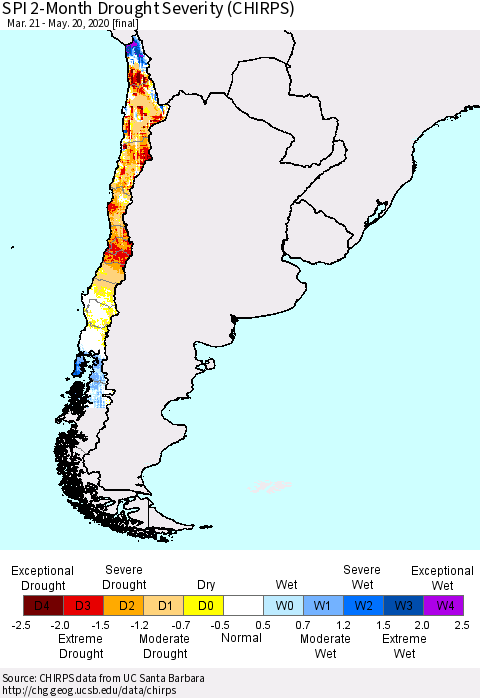 Chile SPI 2-Month Drought Severity (CHIRPS) Thematic Map For 3/21/2020 - 5/20/2020