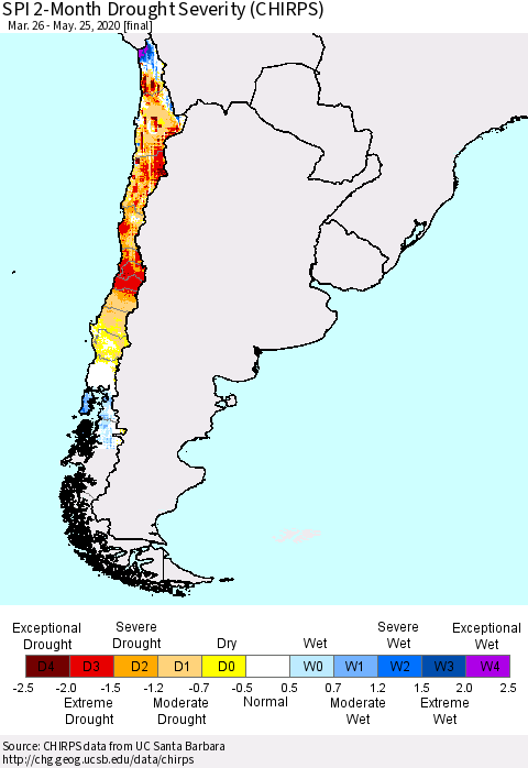 Chile SPI 2-Month Drought Severity (CHIRPS) Thematic Map For 3/26/2020 - 5/25/2020