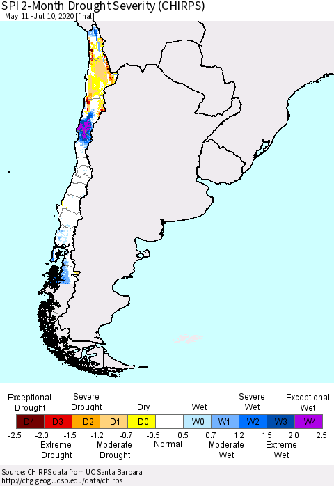 Chile SPI 2-Month Drought Severity (CHIRPS) Thematic Map For 5/11/2020 - 7/10/2020