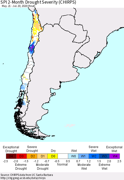 Chile SPI 2-Month Drought Severity (CHIRPS) Thematic Map For 5/21/2020 - 7/20/2020