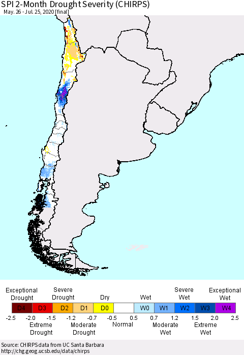 Chile SPI 2-Month Drought Severity (CHIRPS) Thematic Map For 5/26/2020 - 7/25/2020