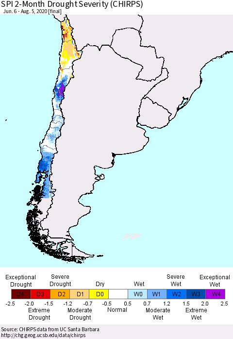 Chile SPI 2-Month Drought Severity (CHIRPS) Thematic Map For 6/6/2020 - 8/5/2020