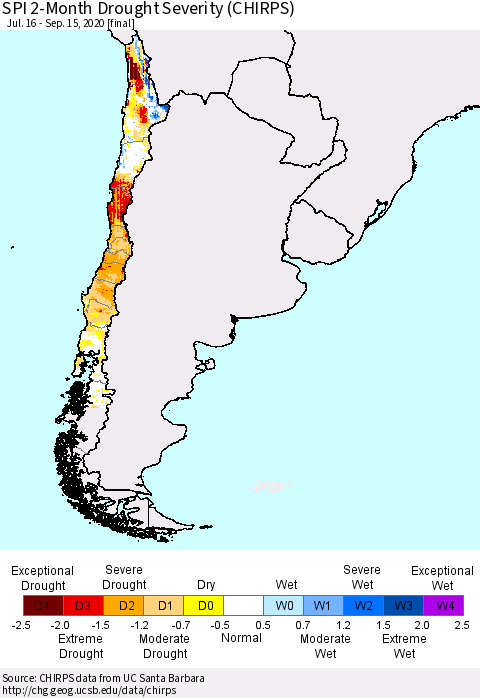 Chile SPI 2-Month Drought Severity (CHIRPS) Thematic Map For 7/16/2020 - 9/15/2020