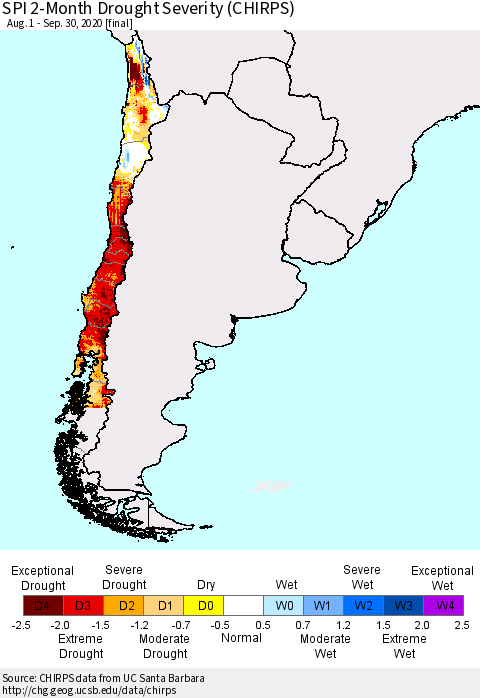 Chile SPI 2-Month Drought Severity (CHIRPS) Thematic Map For 8/1/2020 - 9/30/2020