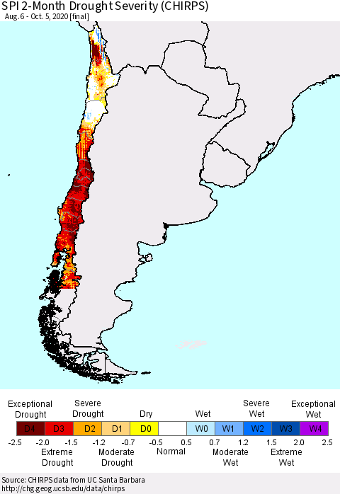 Chile SPI 2-Month Drought Severity (CHIRPS) Thematic Map For 8/6/2020 - 10/5/2020