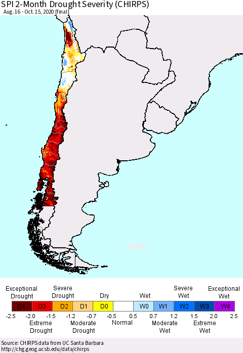 Chile SPI 2-Month Drought Severity (CHIRPS) Thematic Map For 8/16/2020 - 10/15/2020