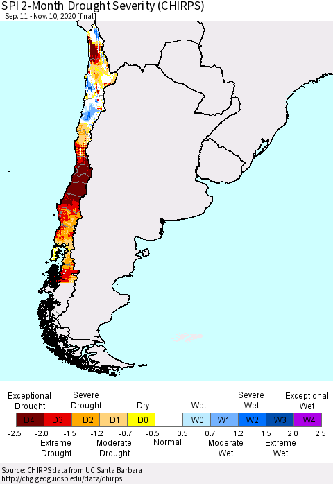 Chile SPI 2-Month Drought Severity (CHIRPS) Thematic Map For 9/11/2020 - 11/10/2020