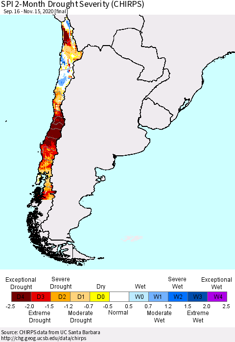 Chile SPI 2-Month Drought Severity (CHIRPS) Thematic Map For 9/16/2020 - 11/15/2020