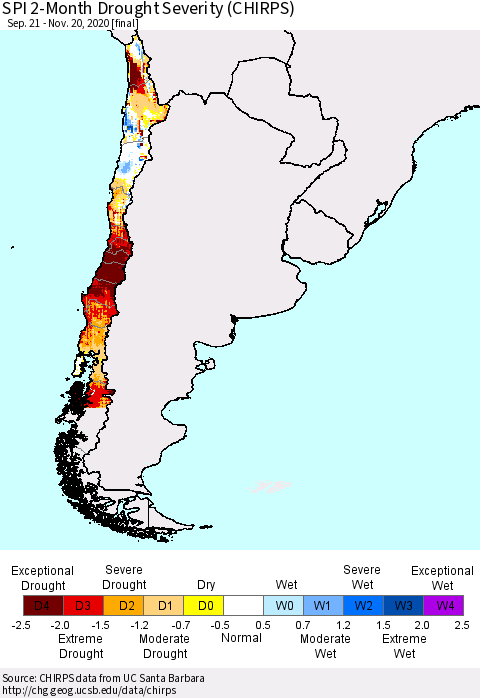 Chile SPI 2-Month Drought Severity (CHIRPS) Thematic Map For 9/21/2020 - 11/20/2020