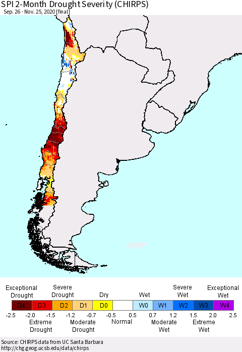Chile SPI 2-Month Drought Severity (CHIRPS) Thematic Map For 9/26/2020 - 11/25/2020
