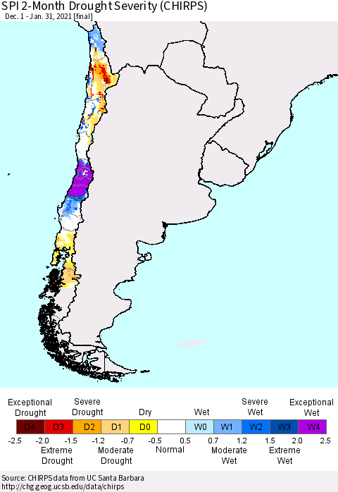 Chile SPI 2-Month Drought Severity (CHIRPS) Thematic Map For 12/1/2020 - 1/31/2021