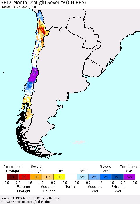 Chile SPI 2-Month Drought Severity (CHIRPS) Thematic Map For 12/6/2020 - 2/5/2021