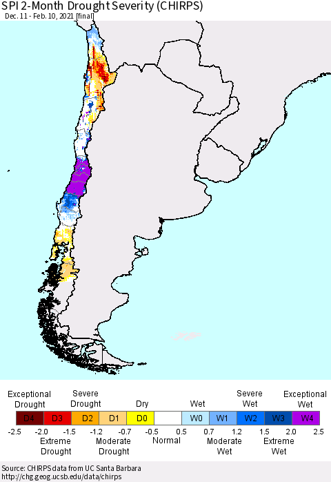 Chile SPI 2-Month Drought Severity (CHIRPS) Thematic Map For 12/11/2020 - 2/10/2021
