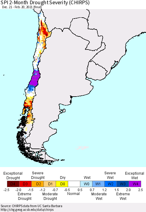 Chile SPI 2-Month Drought Severity (CHIRPS) Thematic Map For 12/21/2020 - 2/20/2021