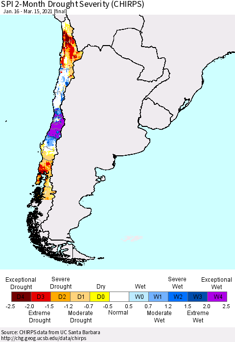 Chile SPI 2-Month Drought Severity (CHIRPS) Thematic Map For 1/16/2021 - 3/15/2021