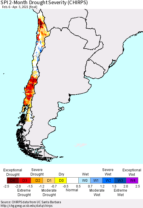 Chile SPI 2-Month Drought Severity (CHIRPS) Thematic Map For 2/6/2021 - 4/5/2021