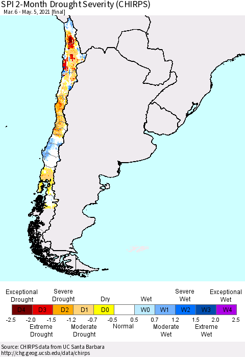 Chile SPI 2-Month Drought Severity (CHIRPS) Thematic Map For 3/6/2021 - 5/5/2021
