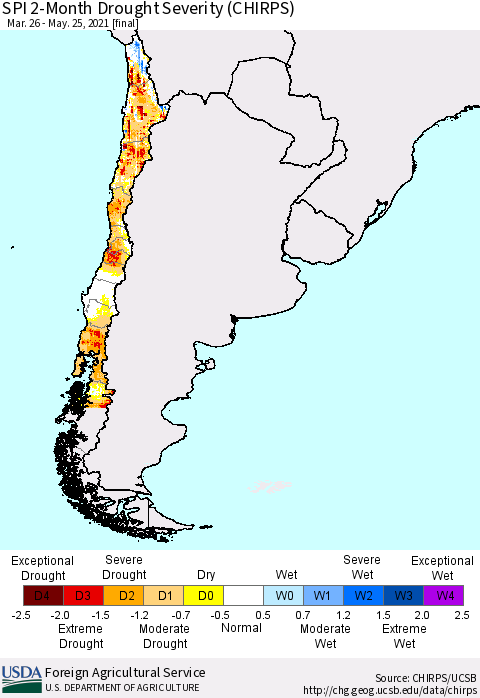 Chile SPI 2-Month Drought Severity (CHIRPS) Thematic Map For 3/26/2021 - 5/25/2021