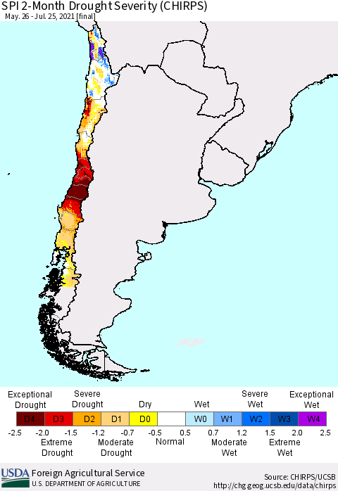 Chile SPI 2-Month Drought Severity (CHIRPS) Thematic Map For 5/26/2021 - 7/25/2021