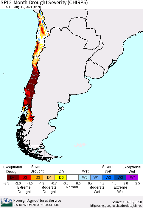 Chile SPI 2-Month Drought Severity (CHIRPS) Thematic Map For 6/11/2021 - 8/10/2021