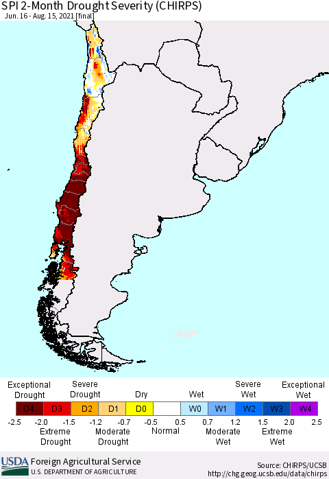 Chile SPI 2-Month Drought Severity (CHIRPS) Thematic Map For 6/16/2021 - 8/15/2021