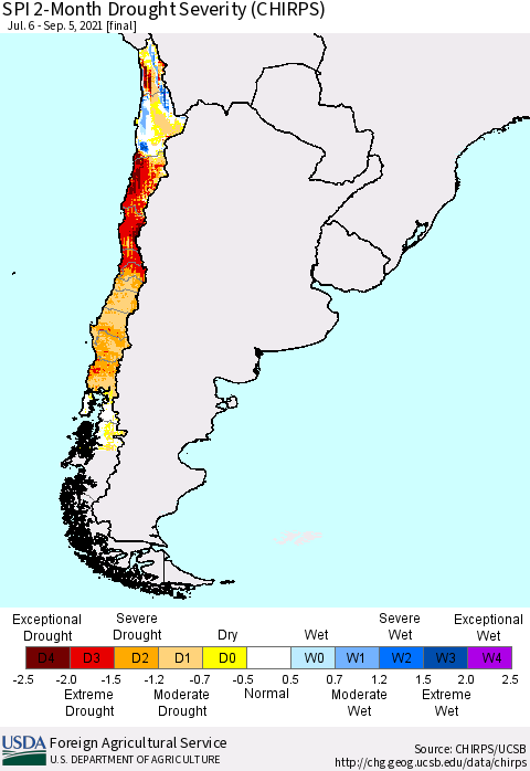Chile SPI 2-Month Drought Severity (CHIRPS) Thematic Map For 7/6/2021 - 9/5/2021