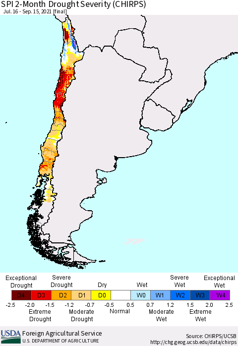 Chile SPI 2-Month Drought Severity (CHIRPS) Thematic Map For 7/16/2021 - 9/15/2021