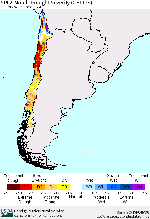 Chile SPI 2-Month Drought Severity (CHIRPS) Thematic Map For 7/21/2021 - 9/20/2021