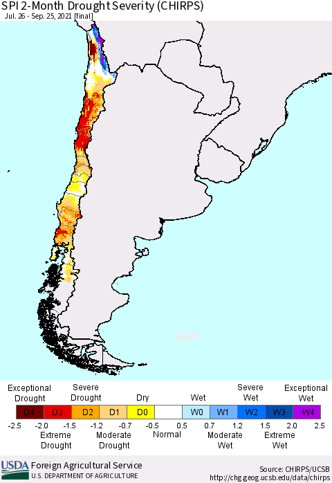 Chile SPI 2-Month Drought Severity (CHIRPS) Thematic Map For 7/26/2021 - 9/25/2021