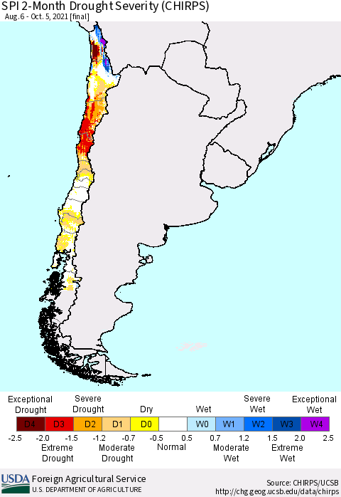 Chile SPI 2-Month Drought Severity (CHIRPS) Thematic Map For 8/6/2021 - 10/5/2021