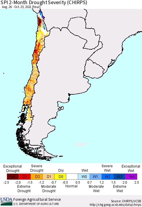 Chile SPI 2-Month Drought Severity (CHIRPS) Thematic Map For 8/26/2021 - 10/25/2021