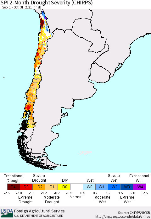 Chile SPI 2-Month Drought Severity (CHIRPS) Thematic Map For 9/1/2021 - 10/31/2021