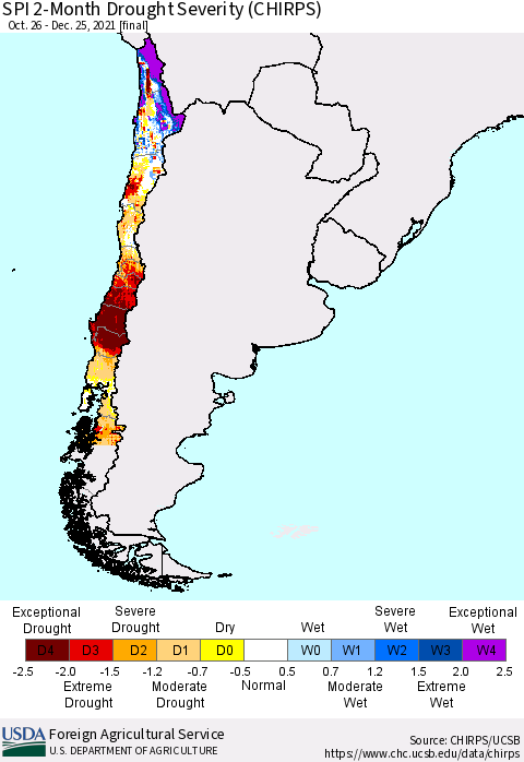 Chile SPI 2-Month Drought Severity (CHIRPS) Thematic Map For 10/26/2021 - 12/25/2021