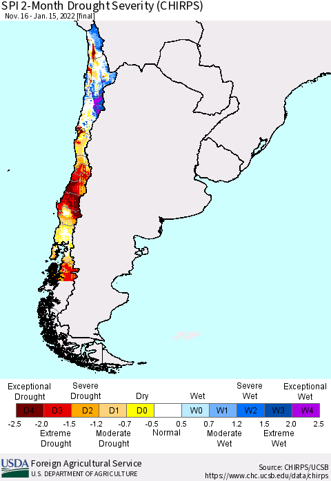 Chile SPI 2-Month Drought Severity (CHIRPS) Thematic Map For 11/16/2021 - 1/15/2022