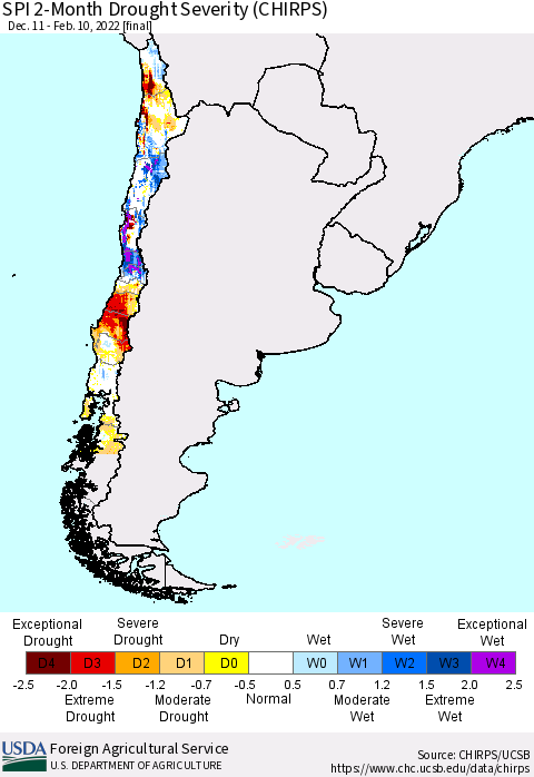 Chile SPI 2-Month Drought Severity (CHIRPS) Thematic Map For 12/11/2021 - 2/10/2022