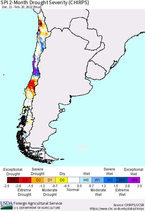 Chile SPI 2-Month Drought Severity (CHIRPS) Thematic Map For 12/21/2021 - 2/20/2022