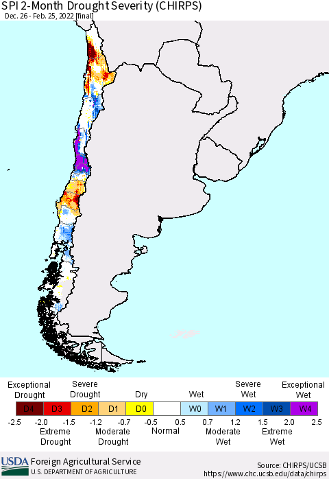 Chile SPI 2-Month Drought Severity (CHIRPS) Thematic Map For 12/26/2021 - 2/25/2022