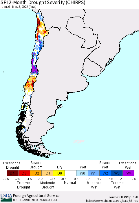 Chile SPI 2-Month Drought Severity (CHIRPS) Thematic Map For 1/6/2022 - 3/5/2022