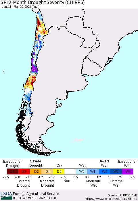 Chile SPI 2-Month Drought Severity (CHIRPS) Thematic Map For 1/11/2022 - 3/10/2022