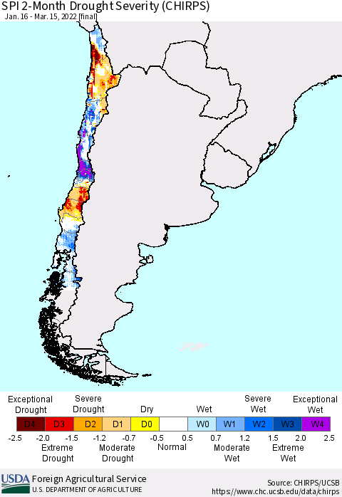 Chile SPI 2-Month Drought Severity (CHIRPS) Thematic Map For 1/16/2022 - 3/15/2022
