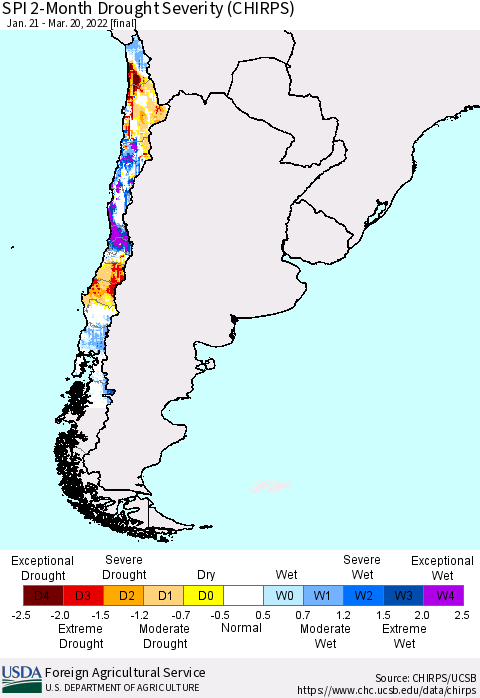 Chile SPI 2-Month Drought Severity (CHIRPS) Thematic Map For 1/21/2022 - 3/20/2022