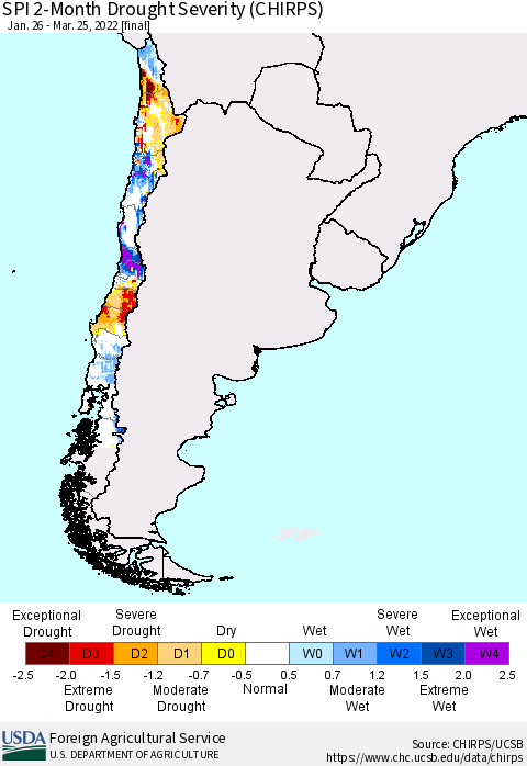 Chile SPI 2-Month Drought Severity (CHIRPS) Thematic Map For 1/26/2022 - 3/25/2022