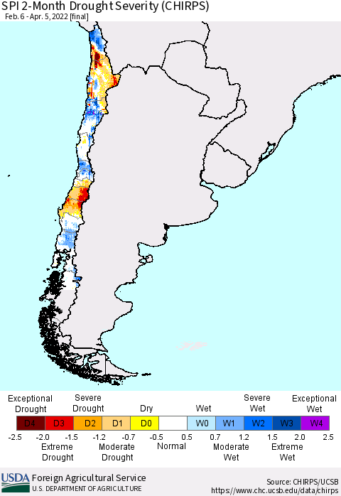 Chile SPI 2-Month Drought Severity (CHIRPS) Thematic Map For 2/6/2022 - 4/5/2022