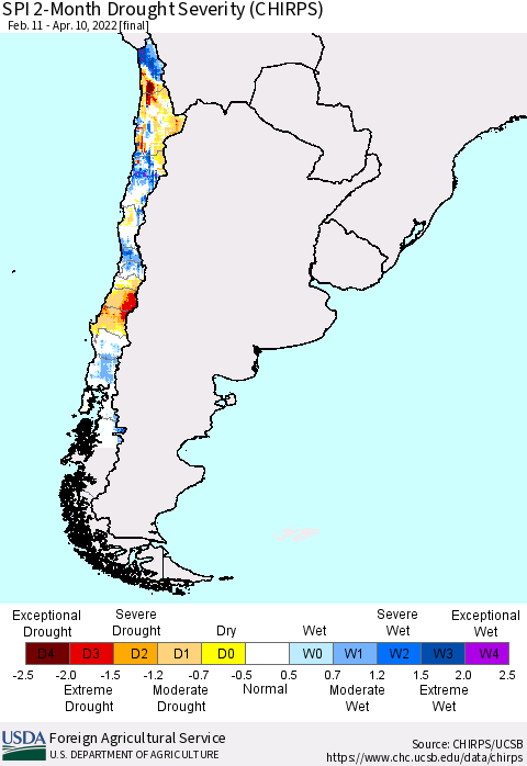 Chile SPI 2-Month Drought Severity (CHIRPS) Thematic Map For 2/11/2022 - 4/10/2022