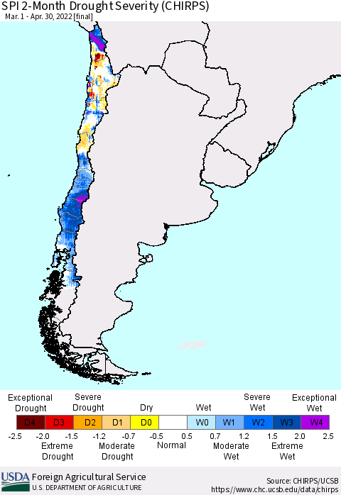 Chile SPI 2-Month Drought Severity (CHIRPS) Thematic Map For 3/1/2022 - 4/30/2022