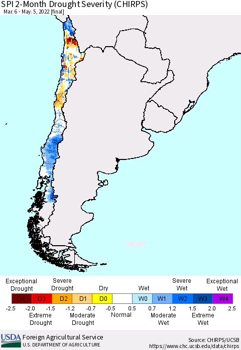 Chile SPI 2-Month Drought Severity (CHIRPS) Thematic Map For 3/6/2022 - 5/5/2022