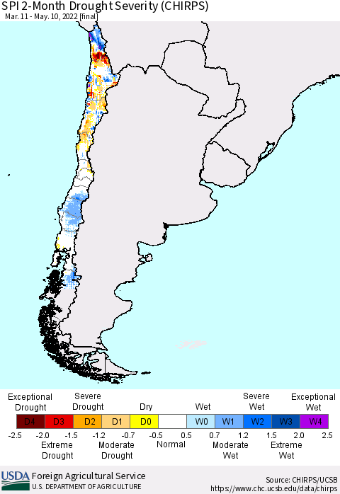 Chile SPI 2-Month Drought Severity (CHIRPS) Thematic Map For 3/11/2022 - 5/10/2022