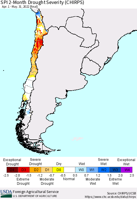 Chile SPI 2-Month Drought Severity (CHIRPS) Thematic Map For 4/1/2022 - 5/31/2022